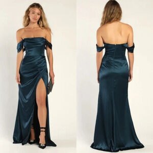 Lulus Stunning Arrival Dark Teal Satin Off-The-Shoulder Maxi Dress Wedding
